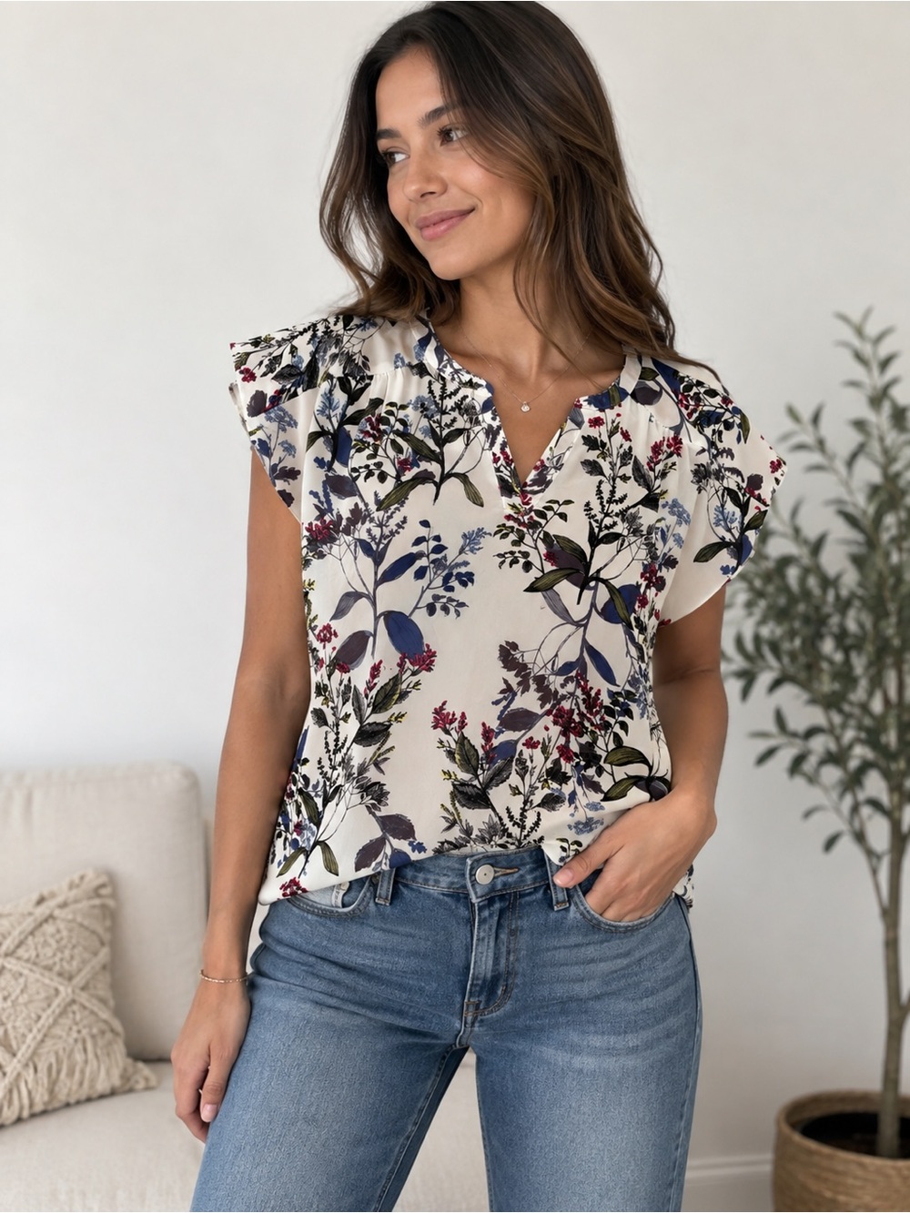 Banana Republic Cream Floral Short-Sleeve V-Neck Blouse